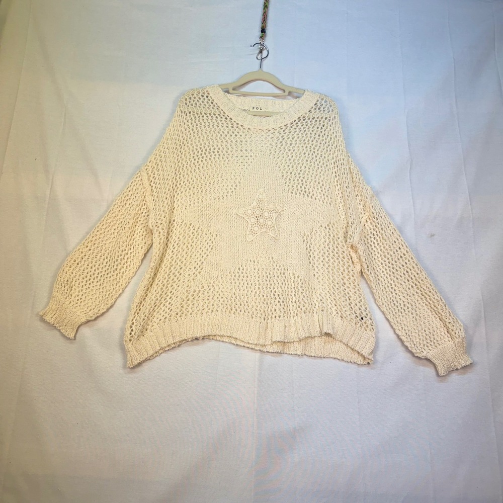 POL Womens Cream Open Knit Star Crochet Oversized Sweater Small Boho Mesh Top